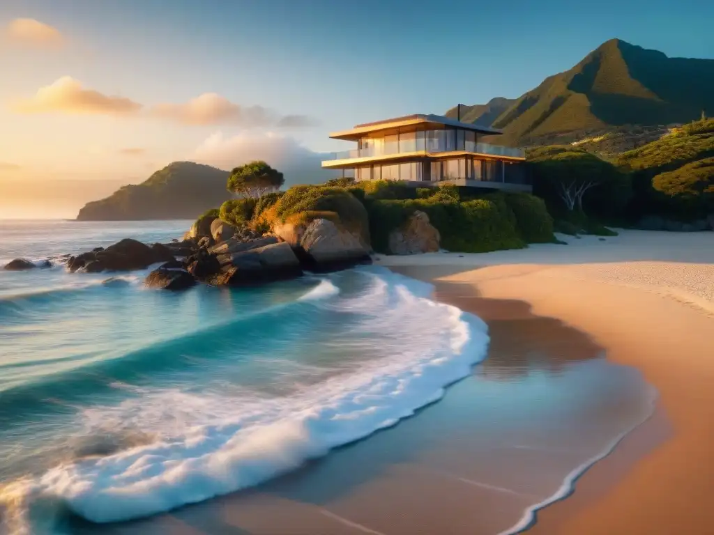 Esplendor costero: atardecer dorado en villa de lujo Impresionante fotografía de propiedades costeras emocionante con la luz dorada del atardecer sobre una lujosa villa frente a la playa