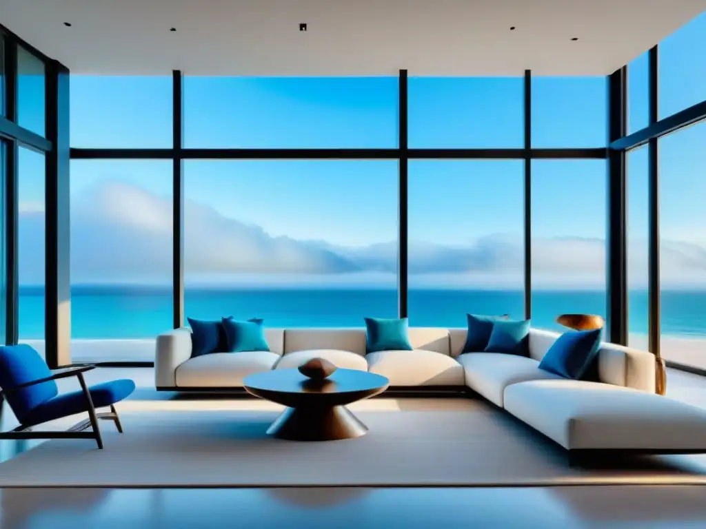 Salón playero: diseño minimalista con vista al mar Impresionante sala minimalista en casa de playa con decoración moderna y vista al mar
