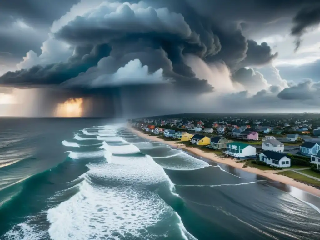 Tormenta costera: impacto y riesgos en propiedades Impresionante tormenta en ciudad costera, olas poderosas y nubes ominosas