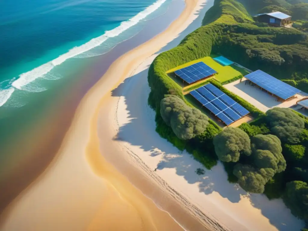 Paraíso sostenible: eco-actividades en costa al amanecer Una impresionante vista aérea de un paisaje costero al amanecer con construcciones sostenibles en propiedades costeras
