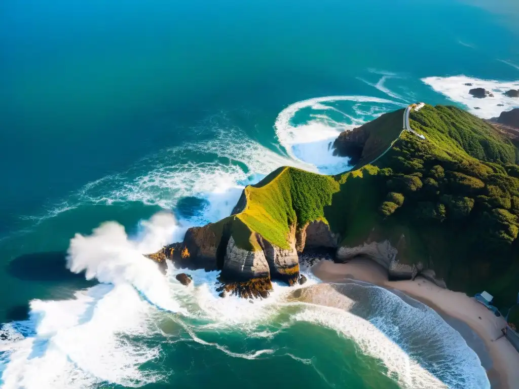 Costa y arquitectura: impacto del clima Impresionante vista aérea de propiedades costeras frente desafíos climáticos, con olas impactando la resistente costa