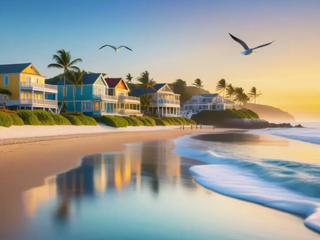 Costa dorada: amanecer en un pueblo costero de ensueño Una impresionante vista detallada de un pintoresco pueblo costero al amanecer, con propiedades coloridas frente al mar