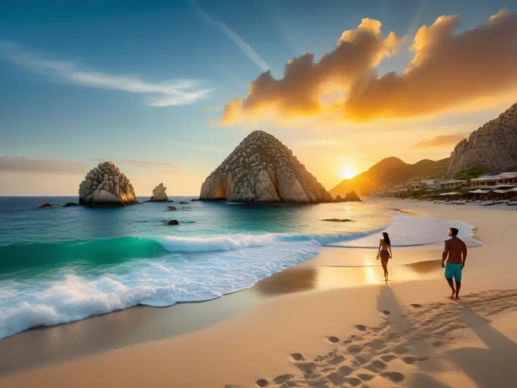 Atardecer dorado en Cabo San Lucas Una impresionante vista panorámica del atardecer sobre la vibrante costa de Cabo San Lucas