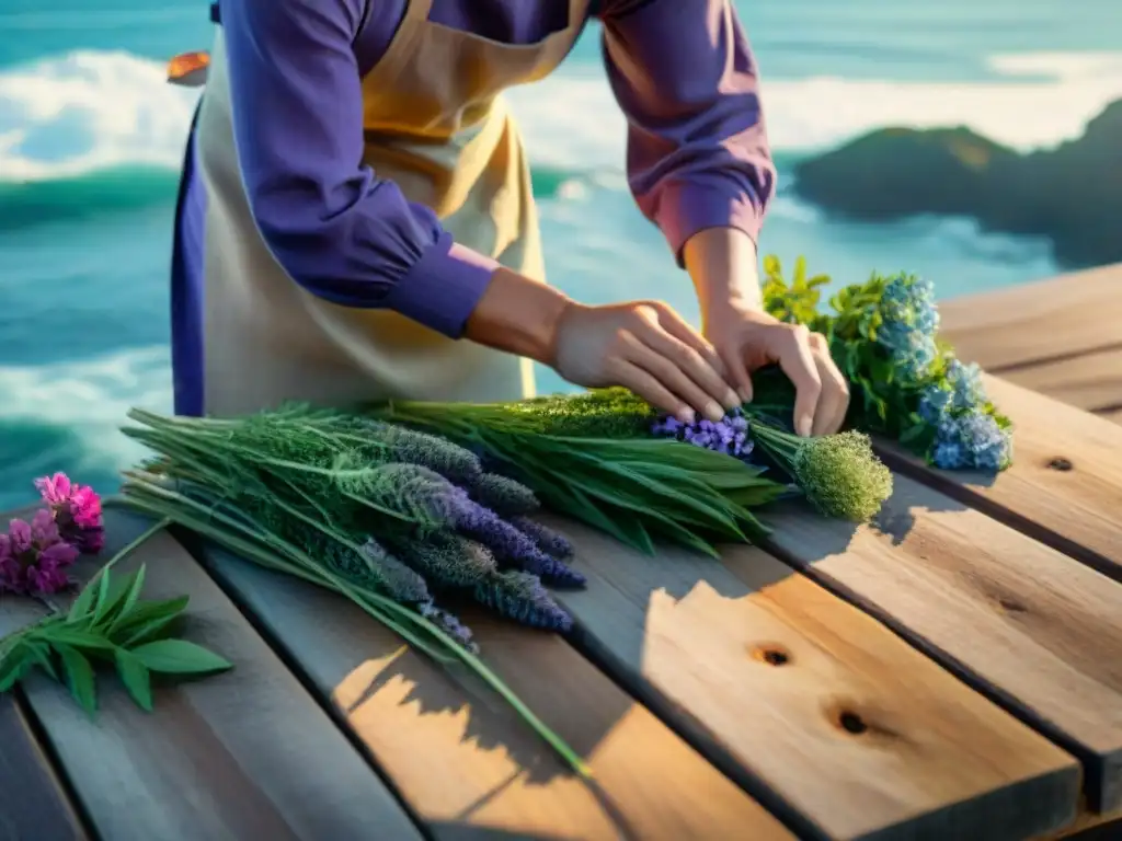 Armonía costera: preparando infusiones con hierbas Preparando infusiones costeras para relajarse en mesa de madera rústica con hierbas y flores cerca del mar