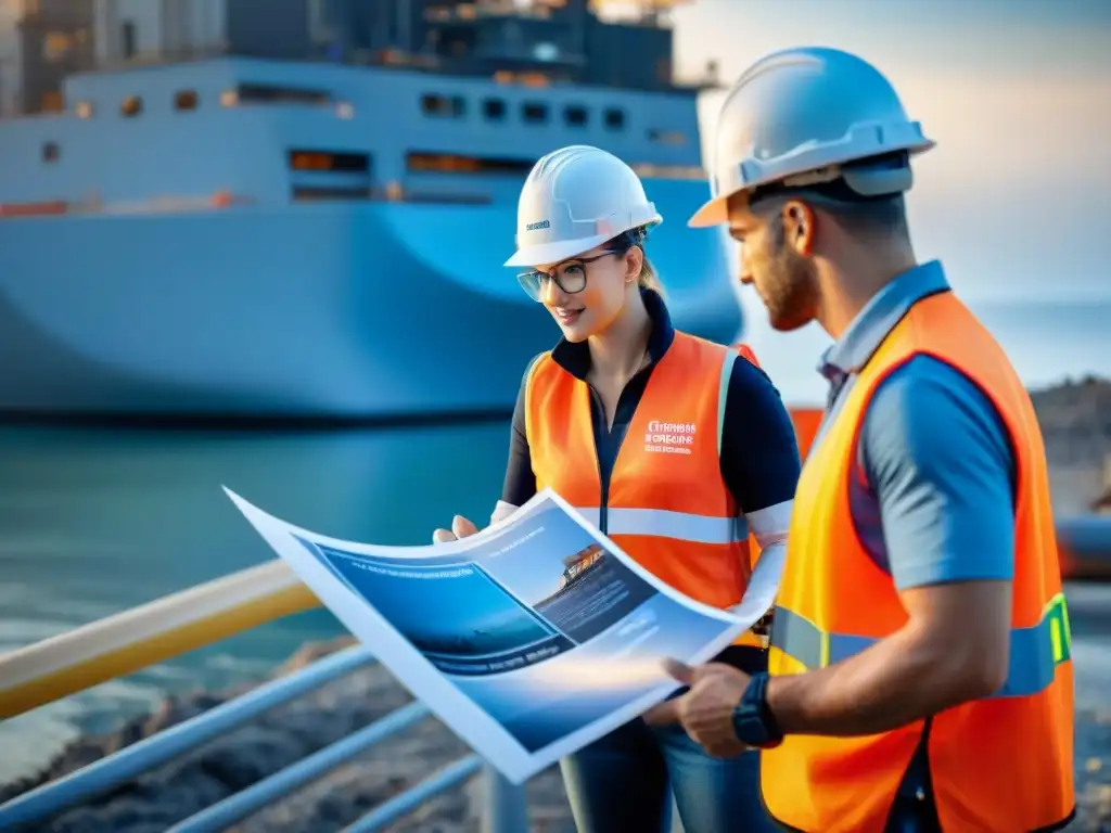 Ingenieros y arquitectos innovando materiales costeros junto al mar Ingenieros y arquitectos examinan revestimientos innovadores para propiedades costeras en obra junto al mar
