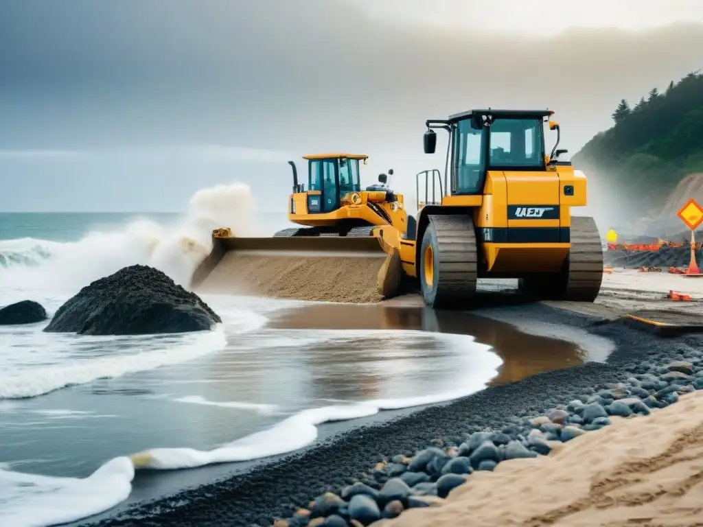 Construcción costera: maquinaria pesada en acción junto al mar Ingenieros supervisan la construcción de un muro de contención costero