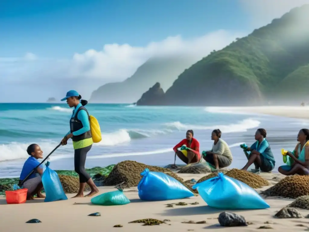 Colectiva limpieza de playa: comunidad local cuidando el mar Iniciativas de conservación costera uniendo a la comunidad local en una limpieza de playa