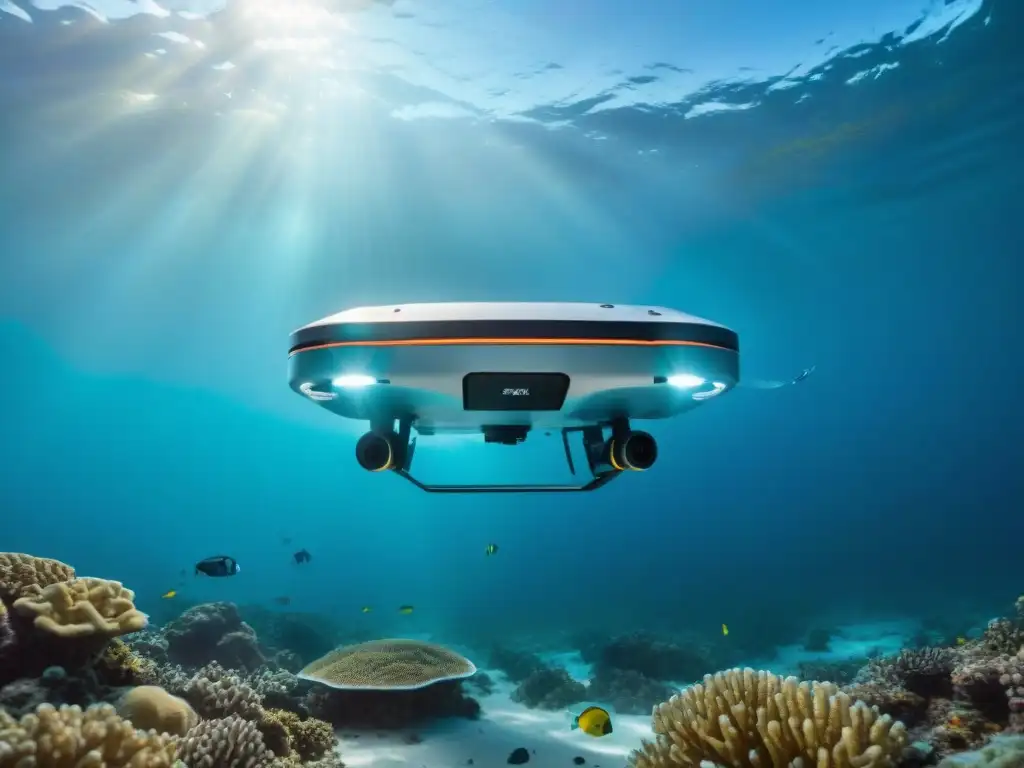 Exploración submarina: Drone avanzado surcando arrecife de coral Innovaciones tecnológicas para conservación costera: Drone submarino avanzado explorando arrecife de coral vibrante en aguas cristalinas