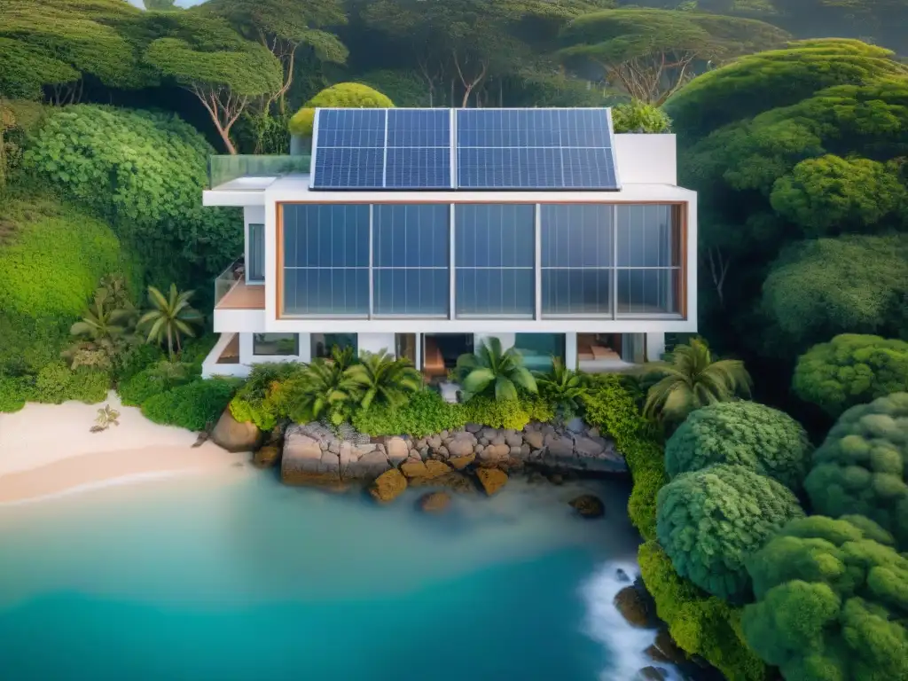 Propiedad costera sostenible: innovación y belleza Innovadora casa costera con tecnologías sostenibles integradas: paneles solares, jardín vertical y sistema de recolección de agua