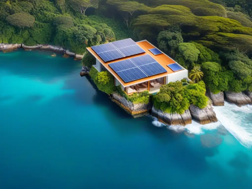 Propiedad costera sostenible: armonía entre modernidad y naturaleza Innovadora propiedad costera sostenible con paneles solares, captura armonía entre arquitectura moderna y entorno natural