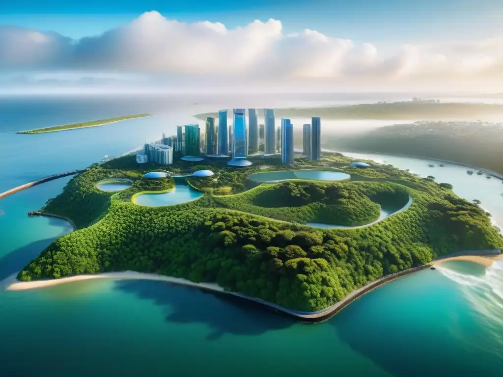 Arquitectura futurista y sostenible en ciudad costera Innovadoras soluciones subida del mar: ciudad costera con arquitectura futurista integrada con la naturaleza