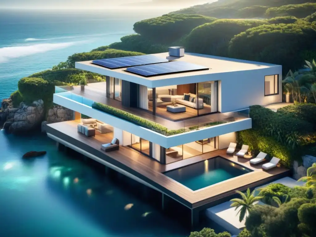 Terraza costera moderna con diseño sostenible y tecnológico Innovadoras terrazas costeras: Diseño moderno con tecnología integrada y sostenible, vistas al mar y conexión armoniosa con la naturaleza