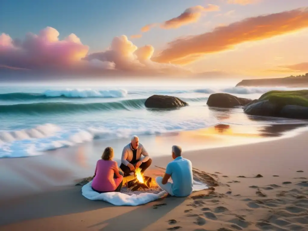 Reunión familiar al atardecer en la playa: generaciones sonrientes junto a fogata dorada Inolvidable reunión familiar en propiedad costera al atardecer, niños jugando, padres conversando y abuelos sonriendo