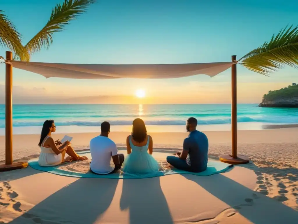 Taller creativo en la playa al atardecer Un inspirador workshop en la playa al atardecer, bajo una carpa blanca con profesionales en círculo y el océano turquesa de fondo