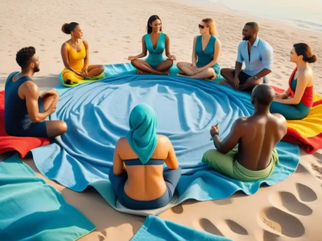 Workshop colaborativo en la playa: aprendizaje y creatividad Un inspirador taller en la playa: profesionales participan en un círculo sobre toallas coloridas bajo el sol y olas suaves
