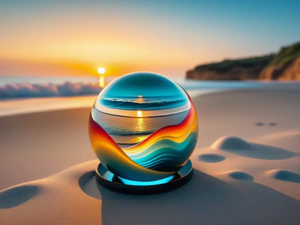 Esculturas de vidrio al atardecer en la costa: arte y naturaleza fusionados Instalación de arte costero contemporáneo con esculturas de vidrio reflejando colores vibrantes al atardecer sobre el mar