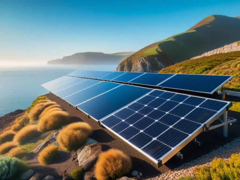 Energía solar en costa: belleza renovable Instalación de paneles solares en propiedad costera bajo cielo azul
