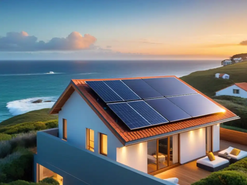 Instalación de paneles solares en propiedad costera al atardecer Instalación de paneles solares en propiedad costera al atardecer, destacando la energía alternativa para propiedades costeras