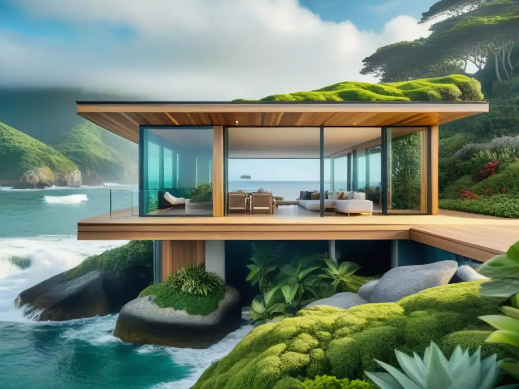 Arquitectura costera bioclimática: fusión de naturaleza y diseño Una integración armoniosa de Arquitectura biofílica en construcciones costeras, con vegetación exuberante y diseño moderno junto al mar