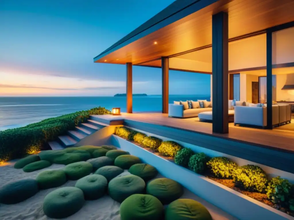 Propiedad de lujo frente al mar al anochecer con iluminación inteligente Iluminación inteligente para propiedades costeras: Casa de lujo frente al mar iluminada al anochecer, creando un ambiente cálido y acogedor