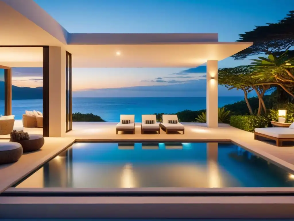 Residencia de lujo al atardecer: iluminación inteligente resalta elegancia y seguridad Iluminación inteligente para propiedades costeras: Casa lujosa en la playa al atardecer, resaltando su arquitectura con luces estratégicas
