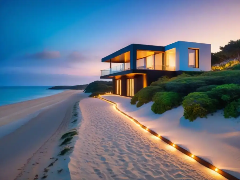 Diseño de iluminación innovador en propiedad costera al anochecer Iluminación inteligente para propiedades costeras: Casa moderna en la playa al anochecer con diseño de iluminación innovador