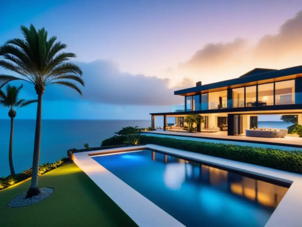 Propiedad costera iluminada al anochecer Iluminación inteligente para propiedades costeras: Casa moderna en la costa iluminada al anochecer, creando un ambiente cálido y lujoso