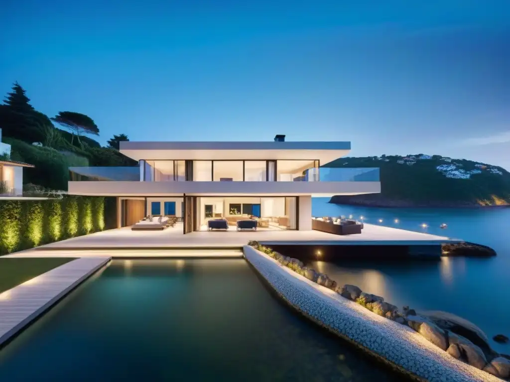 Residencia costera moderna iluminada al anochecer Iluminación inteligente para propiedades costeras: Residencia costera moderna iluminada al anochecer, integrándose con la naturaleza