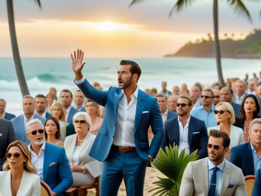 Subasta costera: emoción y competencia entre compradores Intensa subasta inmobiliaria costera con compradores variados pujando emocionados bajo palmeras y vista al mar