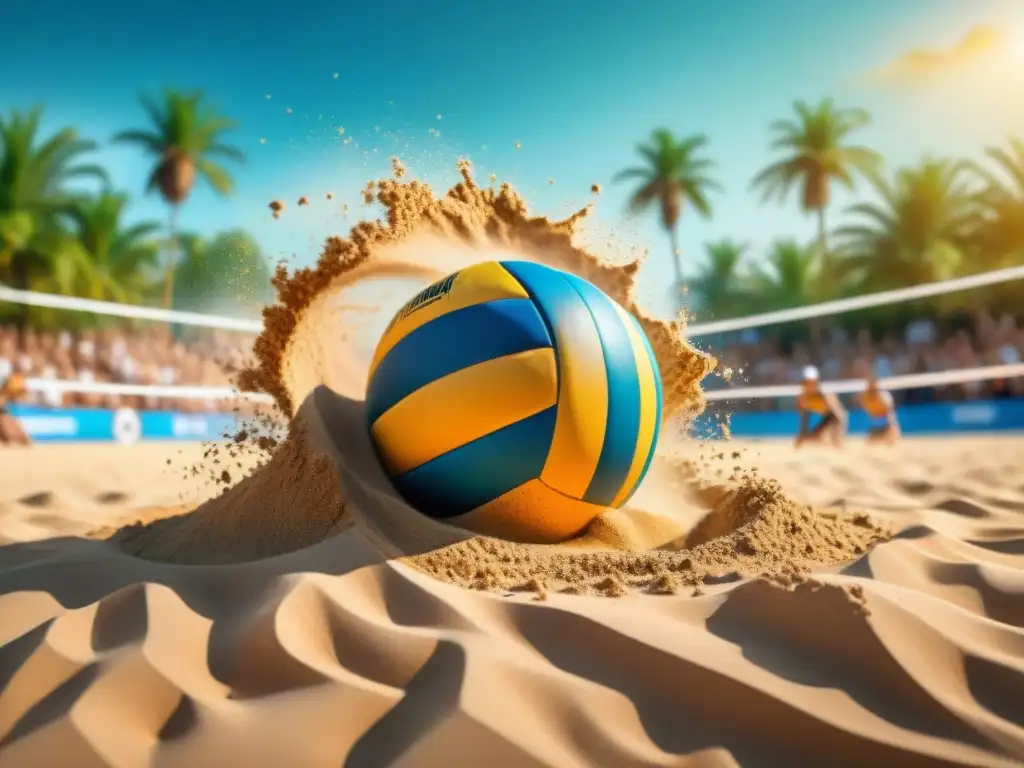 Voleibol playa: intensidad y competencia bajo el sol Intenso juego de beach volleyball con jugadores profesionales compitiendo bajo el sol, capturando la esencia del deporte