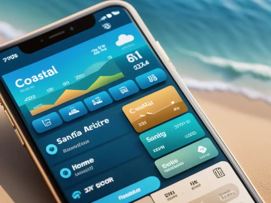 Interfaz de app costera: moderna y eficiente para el hogar Interfaz de aplicación móvil para mantenimiento hogar costero: diseño moderno, intuitivo y eficiente en tonos inspirados en el mar