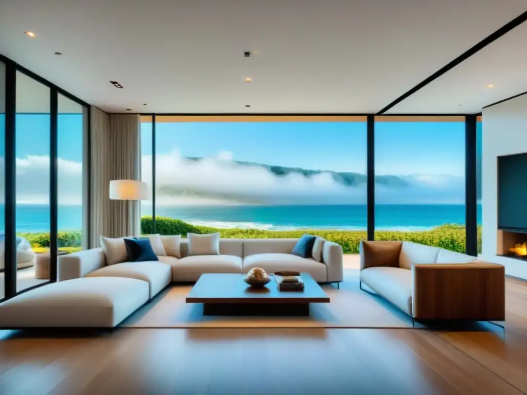Hogar costero de lujo: diseño minimalista con vista a la playa Interior de casa costera lujosa con diseño arquitectura moderna, muebles elegantes y paleta neutra, inundado de luz natural