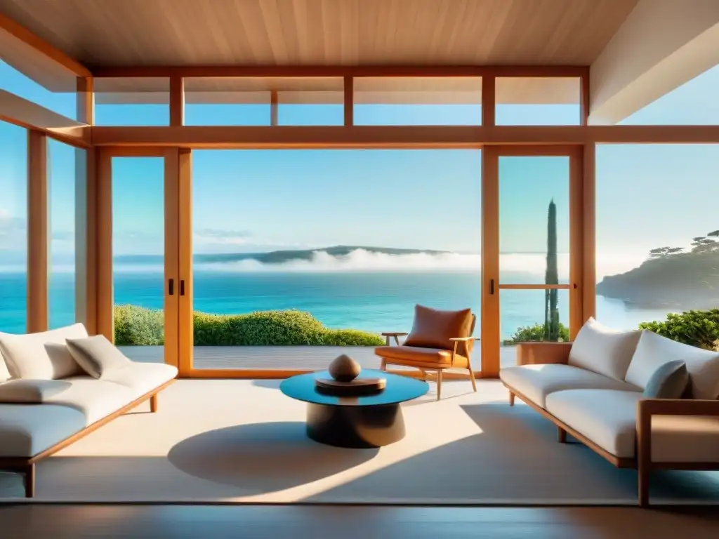 Diseño moderno de casa de playa: minimalismo y vistas al mar Interior de casa playa moderna con decoración minimalista y toques costeros
