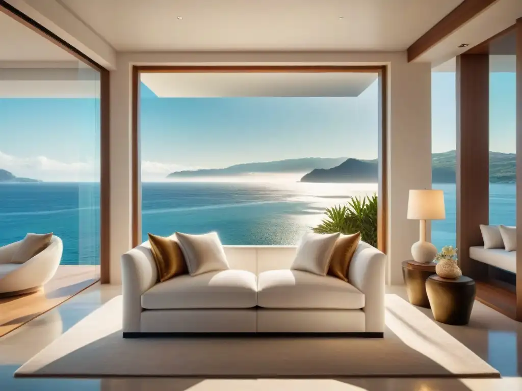 Resplandeciente hogar costero: diseño minimalista y elegante Interior costero bañado por luz natural, diseño elegante y minimalista
