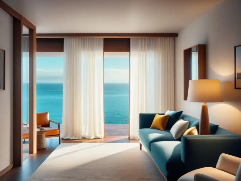 Interior costero iluminado: juego de espejos y cortinas blancas Un interior costero iluminado con soluciones creativas
