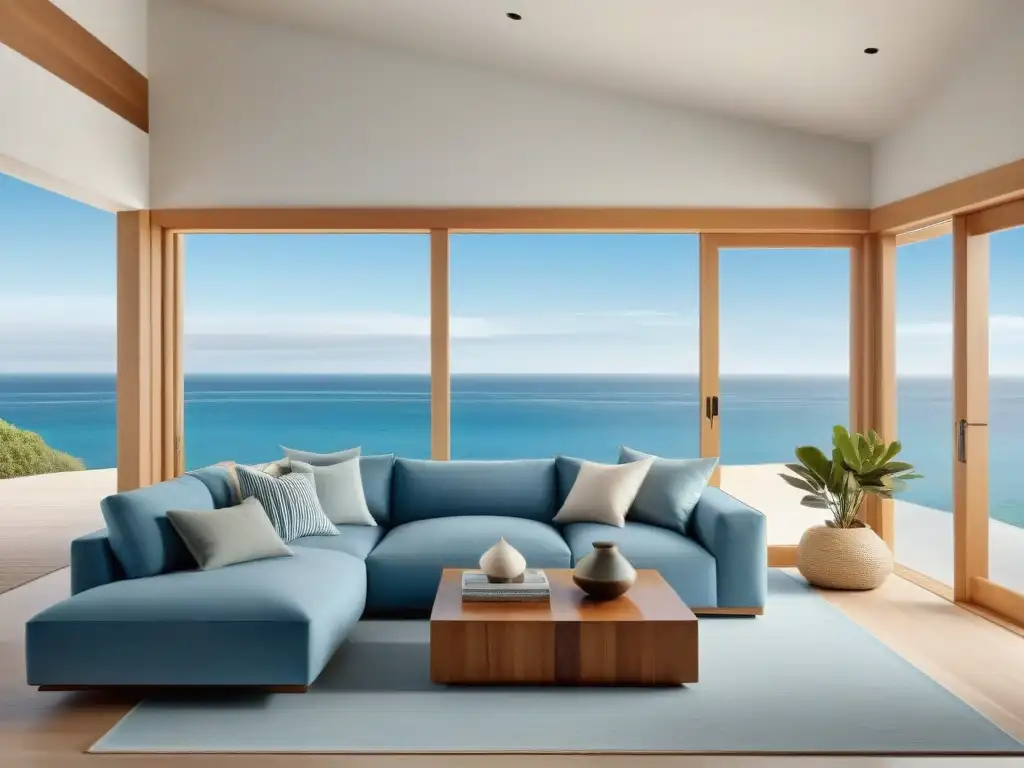 Salón costero sereno con modular versátil y decoración inspirada en el mar Diseño interior costero multifuncional: Sala de estar serena con vista al mar, sofá modular versátil y decoración inspirada en el mar