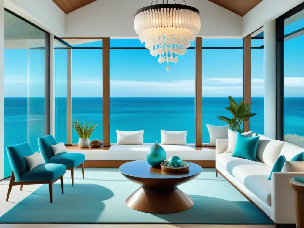 Salón costero de lujo: decoración marina elegante con vista al mar Diseño interior con elementos marinos en lujoso salón costero con vista al mar y decoración elegante en tonos acuáticos