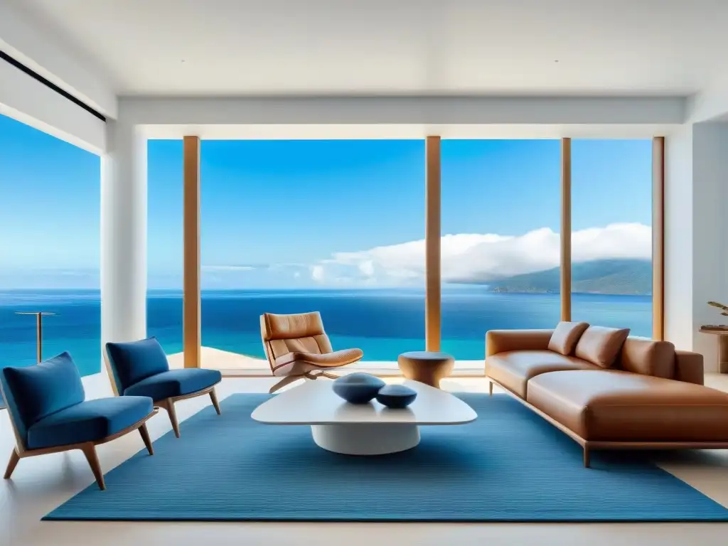 Sala de estar moderna y serena con vista al mar Diseño interior con elementos marinos: Sala moderna minimalista con vista al océano, decoración sutil en tonos azules y blancos