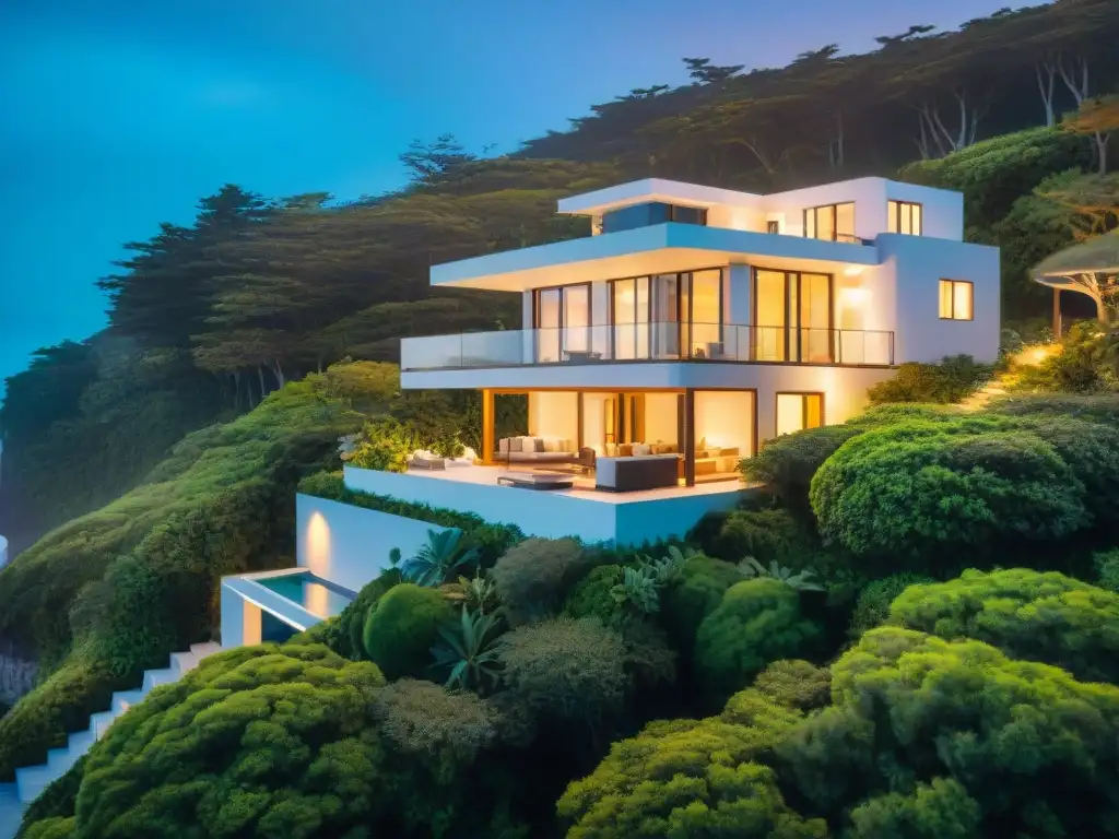 Residencia costera: fusión perfecta entre modernidad y naturaleza Diseño interior y exterior costero: Residencia moderna en la costa, con grandes ventanales, terraza elegante y vegetación exuberante al atardecer