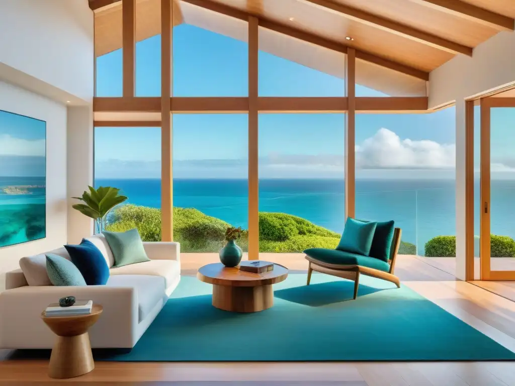 Residencia costera de lujo sostenible: Detalles exóticos y vistas al mar Interior lujoso de hogar costero con materiales sostenibles y vista al mar
