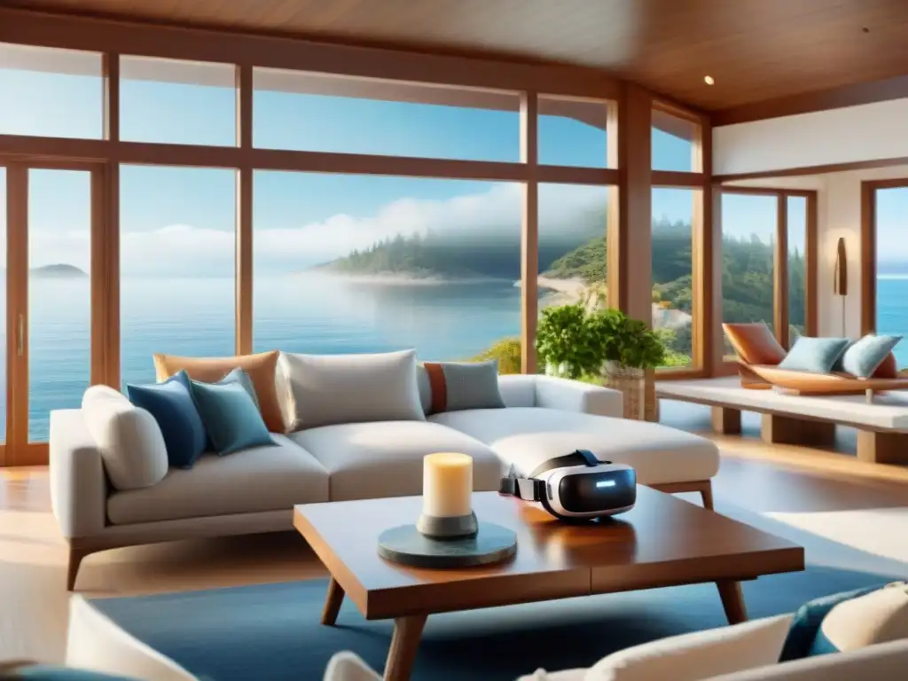 Realidad virtual en casa costera: personaliza tu paraíso marino Interior moderno de casa costera con decoración personalizable en realidad aumentada