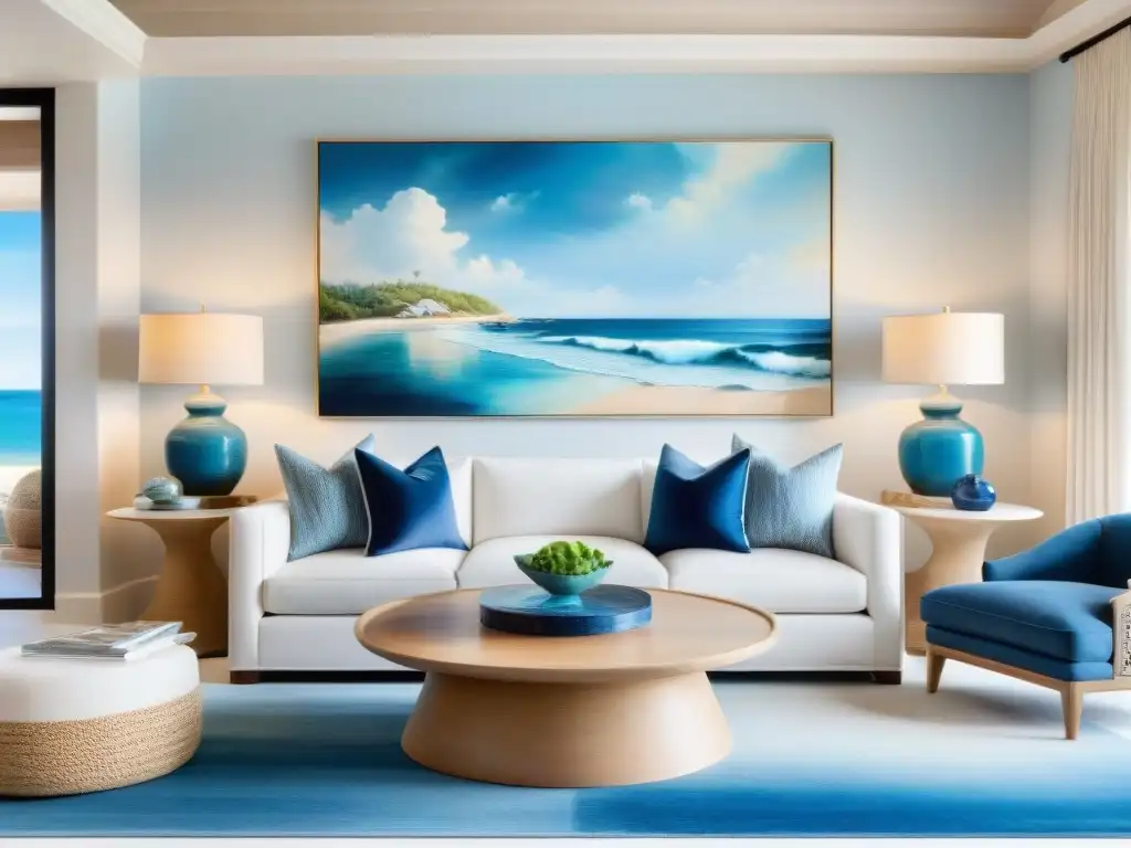 Salón costero de lujo: sofisticación frente al mar Diseño interior de propiedad costera con vista al mar, sala amplia con sofá blanco y paleta de colores náuticos