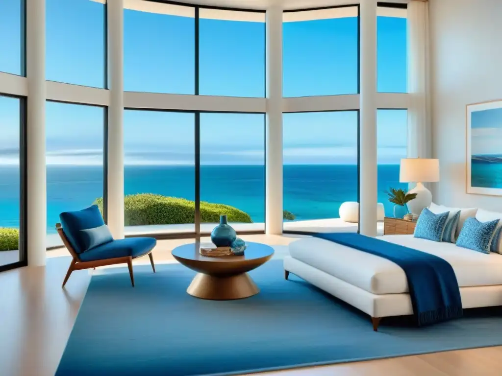 Interior de casa costera de lujo: vista al mar y diseño náutico Decoración de interiores costeros exclusiva en una lujosa casa con vista al mar y muebles modernos de alta gama