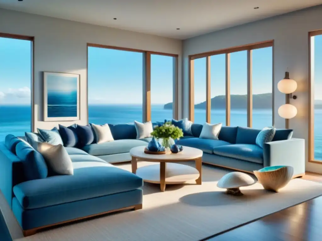 Elegante sala costera con vista al mar Decoración de interiores costeros exclusiva con vista al mar y detalles sofisticados