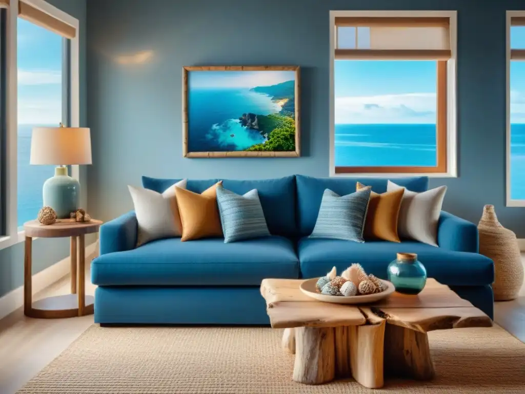 Sala costera acogedora con vistas al mar y decoración náutica Diseño de interiores costeros tendencias: Acogedora sala costera con vista al mar, sofá azul y decoración playera