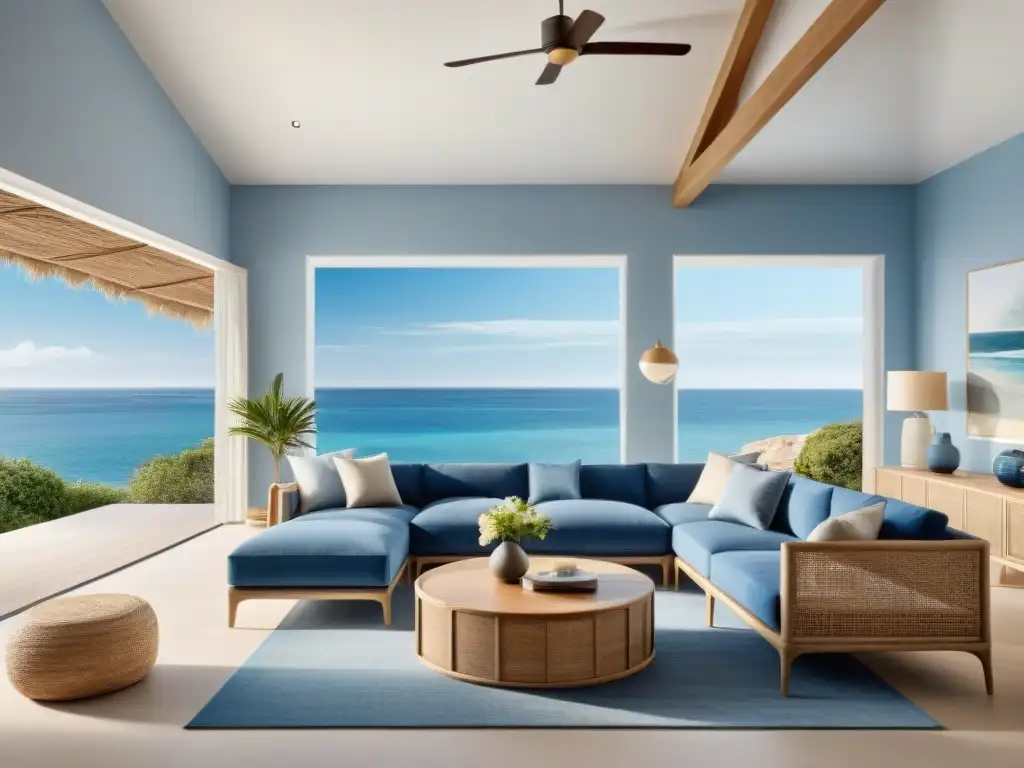 Diseño costero moderno: Sala de estar serena y luminosa con vista al mar Diseño de interiores costeros tendencias: Amplio salón minimalista frente al mar, con paleta de colores blancos, azules y tonos arenosos