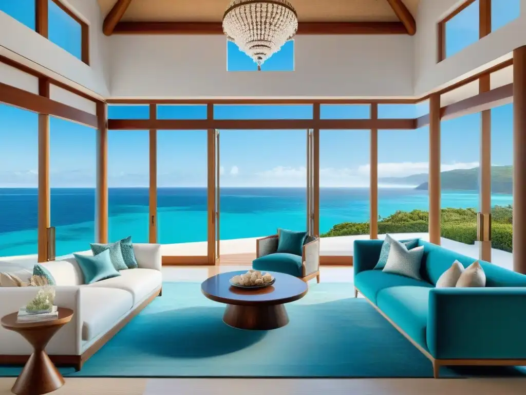 Villa de lujo frente al mar: diseño sofisticado y tecnología innovadora Diseño de interiores de lujo en villa junto al mar con ventanales y muebles náuticos elegantes