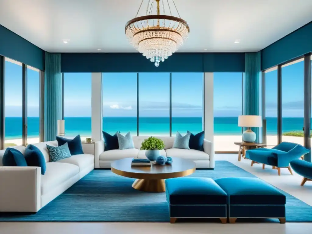 Diseño de interiores costero de lujo con vistas al mar Diseño de interiores de lujo con vista al mar, mobiliario moderno elegante, y colores inspirados en el océano
