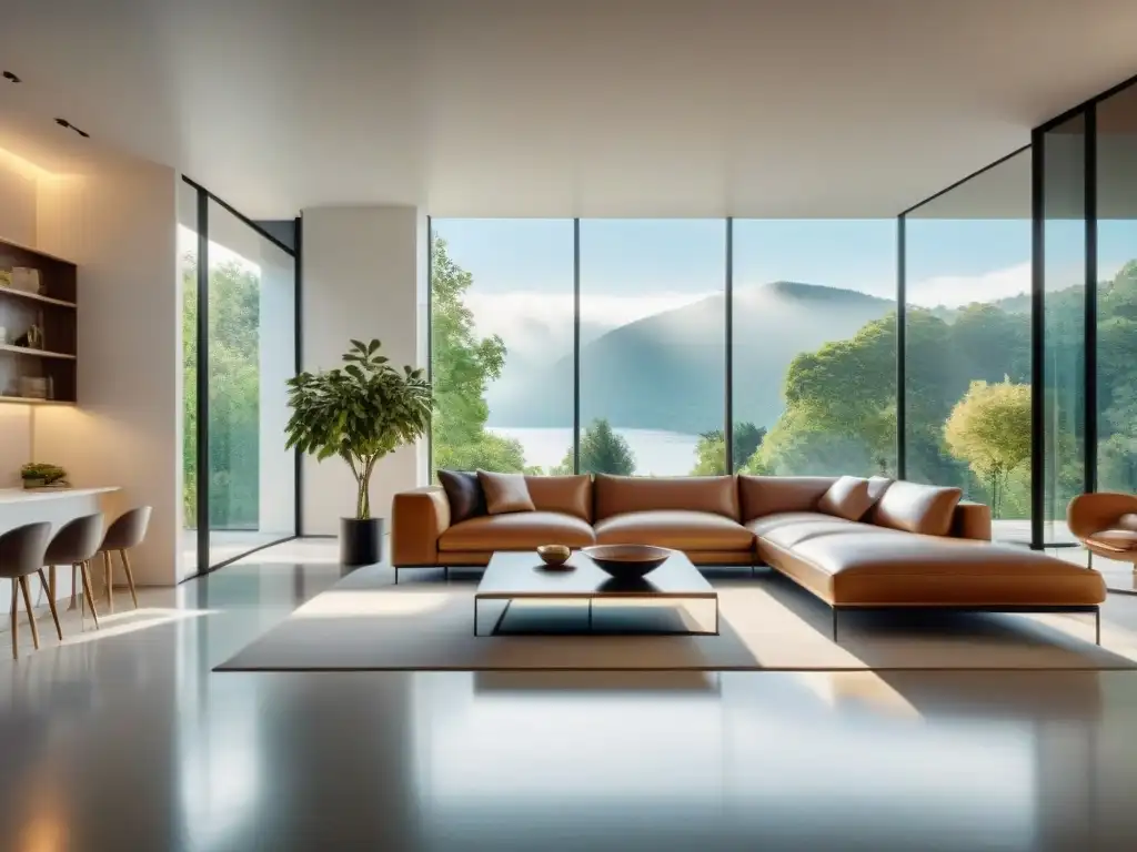 Salón moderno inundado de luz natural: minimalismo y elegancia Una fotografía de interiores luminosos que captura la elegancia y serenidad de una sala moderna inundada por la luz natural
