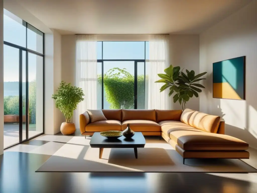 Juego de luces y sombras: Moderna sala iluminada por el sol Fotografía de interiores luminosos: Juego de luces y sombras en un moderno salón soleado con muebles elegantes y plantas vibrantes